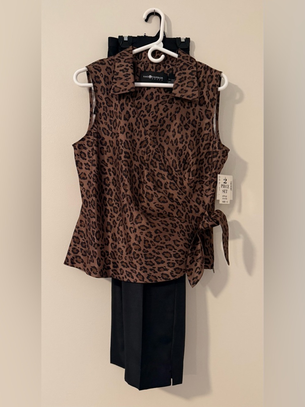 NWT Sag Harbor 2-Piece Leopard Print Dressy Blk/Taupe Pantsuit Sz 12
